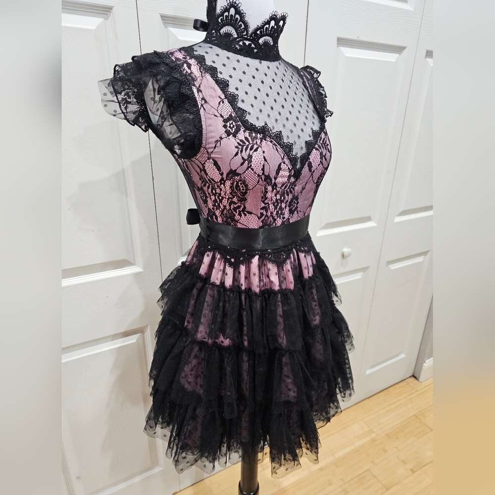 Dolls Kill Unholy Goth Rehearsal Party Pink Black Tiered Lace Mini Dress XS - Picture 2 of 9